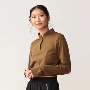 NWOT ADAY Check-In Top Long Sleeve‎ Crop Top Sz Small Olive Brown Stretch Travel